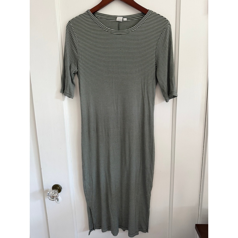 Gap Dress Women L Green Striped Ribbed Midi Elbow Sleeve Side Slit